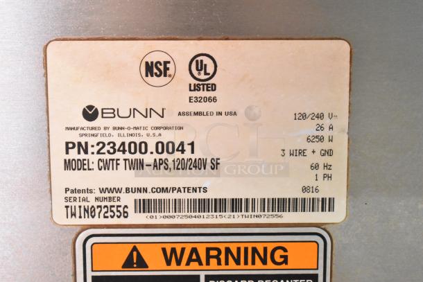 2016 Bunn CWTF TWIN-APS commercial coffee machine label, NSF and UL listed, 120/240 Volts, 6250W, serial TWIN072556.