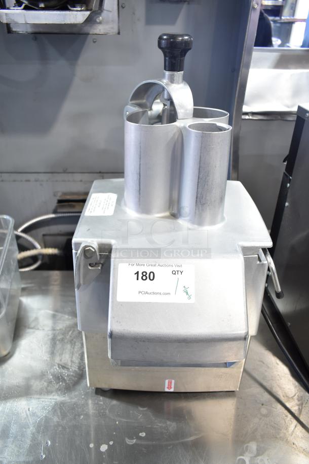 Robot Coupe CL50 Ultra countertop food processor, stainless steel, 120 volts, 1 phase, auction tag visible on front.