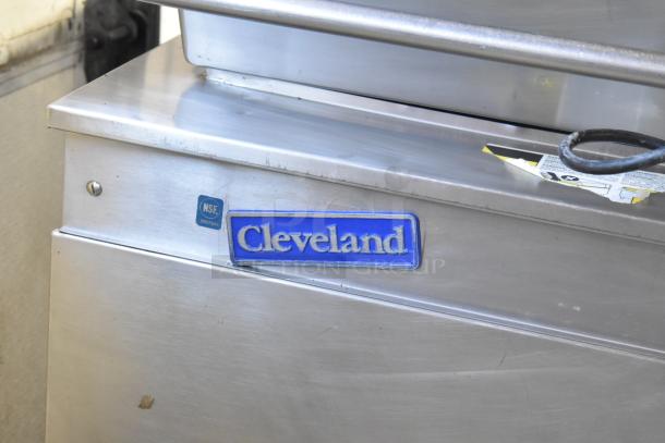 Cleveland Commercial Floor Braising Pan, stainless steel, NSF certified, with visible Cleveland brand logo and minor wear marks.