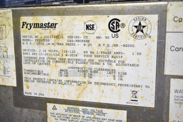 2023 Frymaster PH155CSE Natural Gas Fryer label, showing model, BTU of 80,000, and NSF certification for food service.