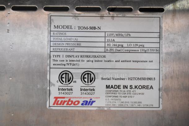 Turbo Air TOM-50B-N label showing specifications: 115V, 1 Phase, R-290 refrigerant, made in South Korea.