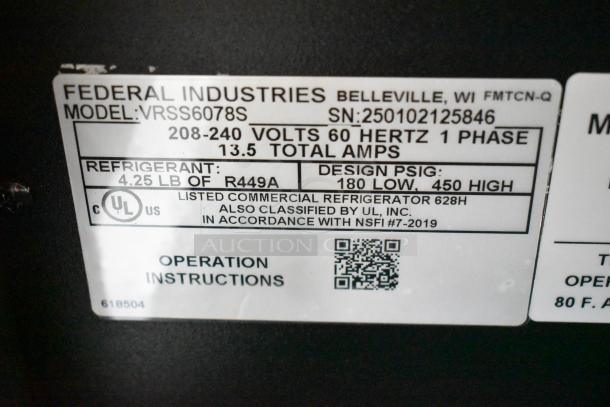 Federal Industries VRSS6078S label showing voltage, refrigerant R449A, UL certification, and design specifications.