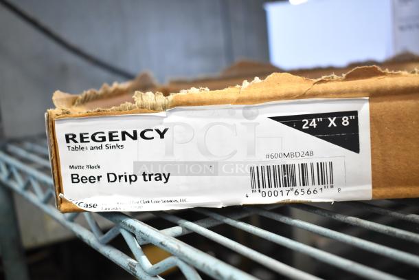 BRAND NEW Regency 600MBD248 beer drip tray, 24"x8" stainless steel, matte black, surface-mount, slight scratches.