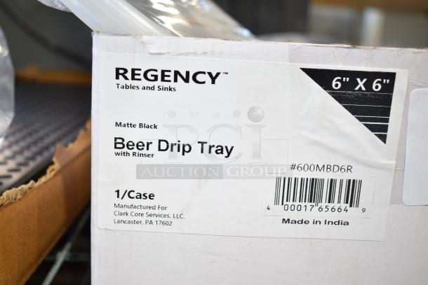 Regency 6"x6" matte black beer drip tray with rinser. New, surface-mount model #600MBD6R. Box shows label and barcode.
