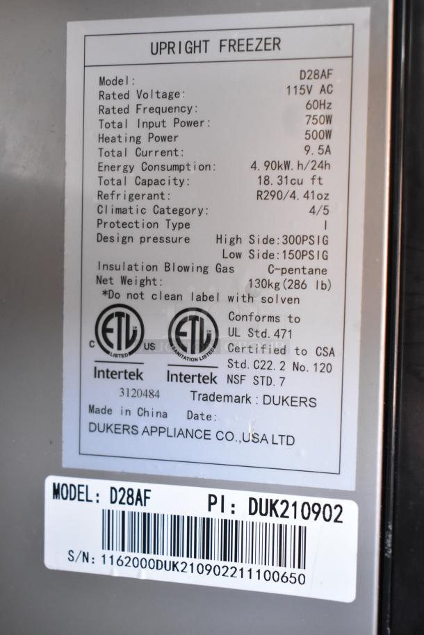 Dukers D28AF Commercial Single Door Freezer label showing model details, 115V, 18.31 cu ft capacity, ETL certified.