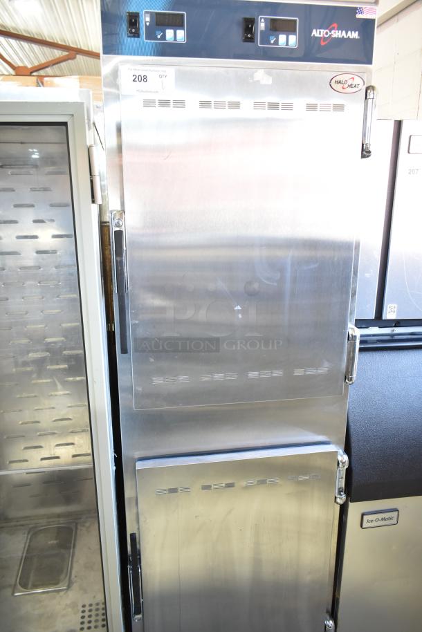 Alto Shaam Halo Heat commercial heated holding cabinet on casters, stainless steel, dual doors, good condition.