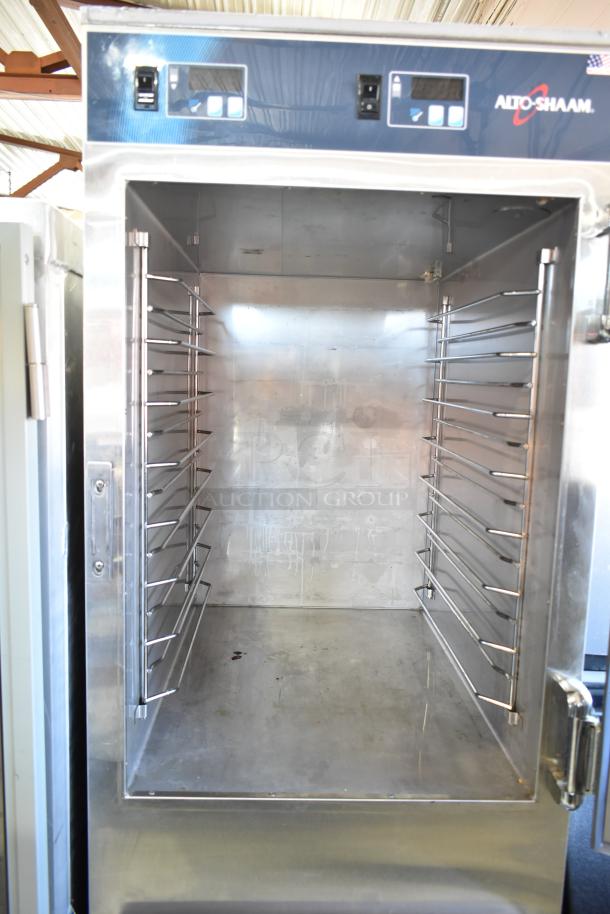 Alto Shaam Halo Heat commercial heated holding cabinet on casters, stainless steel, interior racks, digital controls, used condition.