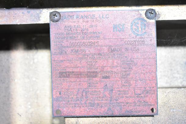 Jade JGM-36 Commercial Gas Cheese Melter label, detailing model and specs, NSF certified, made in USA.