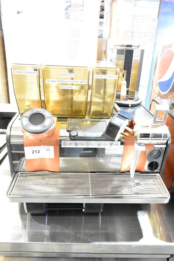 Thermoplan Mastrena II CS stainless steel commercial espresso machine with steam wand, 250V, labels for coffee types.