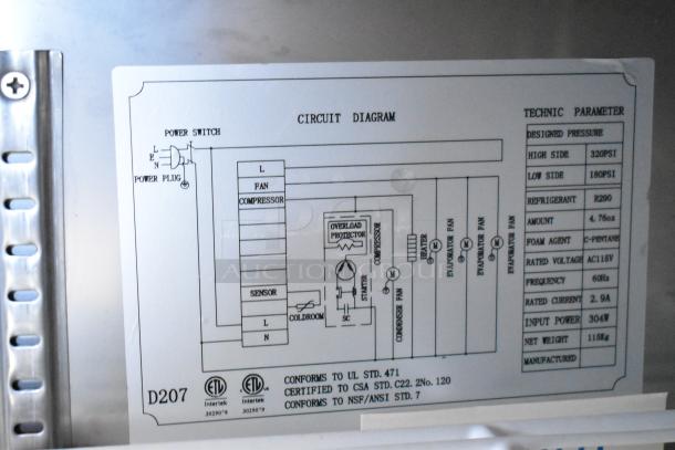 Avantco circuit diagram for 2 Door Undercounter Cooler, 115V, 1 Phase, showing electrical and technical parameters.
