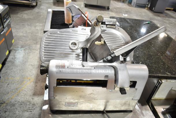 Hobart 1912 commercial countertop automatic meat slicer with blade sharpener, 115V, 1 Phase; metal casing, visible labels.