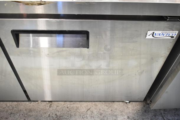 Avantco 178AU60R commercial 2-door undercounter cooler on casters, stainless steel, 115V, visible Avantco label, light wear.