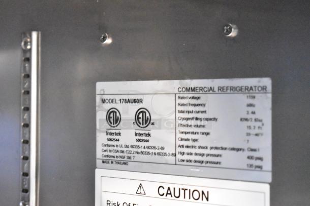 Avantco 178AU60R commercial 2-door undercounter cooler label, 115V, model details and certifications visible.