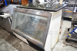 Marc Commercial Floor Style Deli Display Case Merchandiser, 115 Volts, 1 Phase, glass-front, used condition, visible wear.