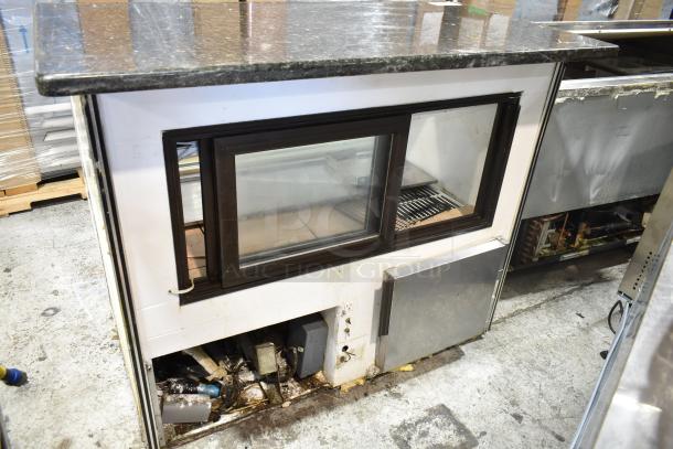 Marc commercial deli display case merchandiser, 115 volts, 1 phase, visible wear, sliding glass door, granite top.