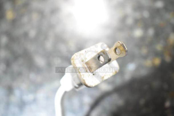 Marc Commercial Floor Style Deli Display Case Merchandiser, 115 Volts, 1 Phase, plug close-up shows usage wear.