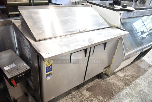 Everest EPBR2 commercial prep table, missing back of mega top. 115V, 1 phase, stainless steel, on casters, some wear.