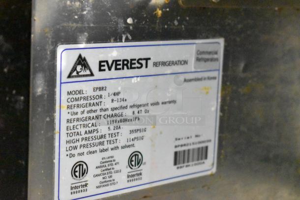 Everest EPBR2 prep table label showing model, compressor, refrigerant details, and certifications. Missing back part of mega top.