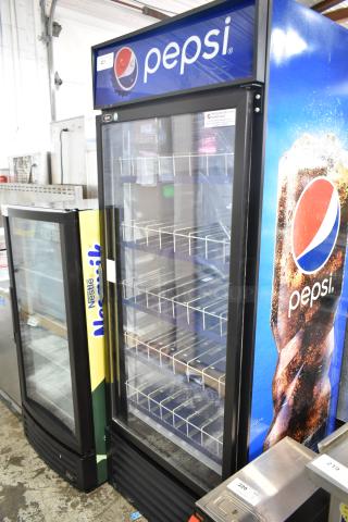 QBD CD26-HC commercial cooler, single glass door, Pepsi branding, five shelves. 115V, 1 phase, excellent condition.