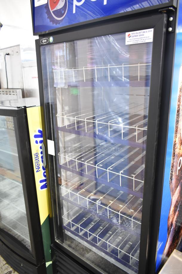 QBD CD26-HC Commercial Single Door Cooler, 115 Volts, features glass door and interior shelving. Good condition.