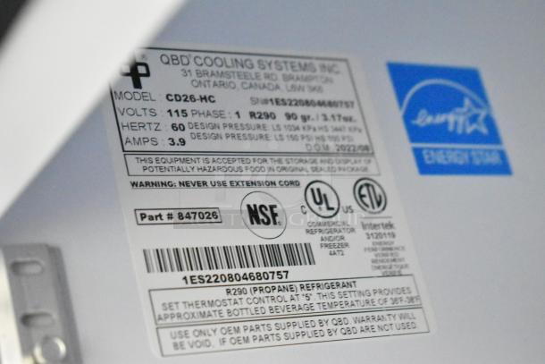 QBD CD26-HC single door cooler label, 115V, 1 Phase. Features NSF, UL certifications, energy star mark, part #847026.