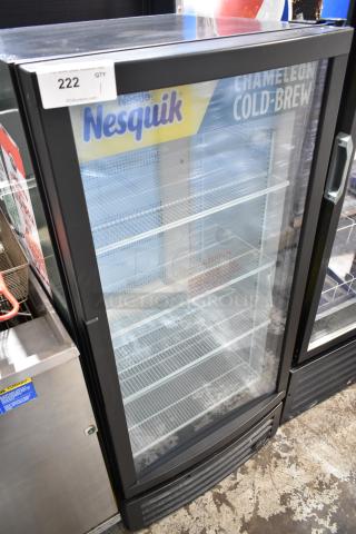 IDW Commercial Single Door Cooler Merchandiser, 115V, 1 Phase, clear glass door, interior shelving, branded "Nesquik," auction tag "222".