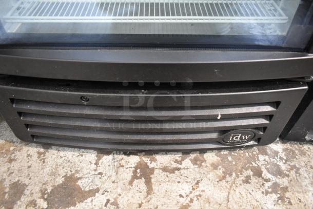IDW Commercial Single Door Reach-In Cooler Merchandiser, 115 volts, 1 phase, visible IDW logo, moderate wear.
