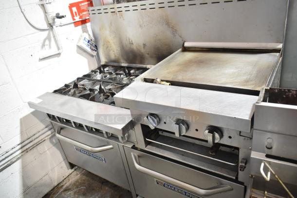 Bakers Pride commercial gas range with 6 burners, flat top griddle, cheese melter, 2 ovens, and backsplash. Good condition.