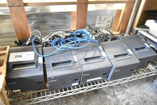 Five Epson receipt printers, including Model M244A, with assorted cables, in used condition, labeled as lot 226 for auction.