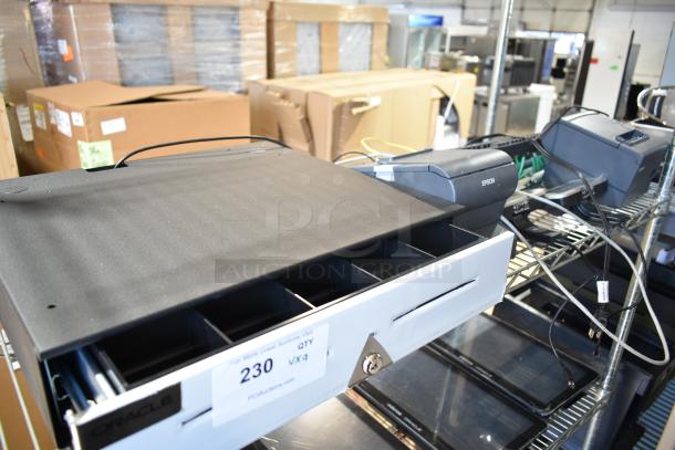 Oracle cash drawer with Epson M244A receipt printers and Lenovo 11UG keyboard. Lot of 9 items, mixed condition.