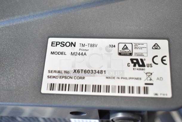 Epson M244A receipt printer label showing model TM-T88V, serial number X6T6033481, certifications, and manufacturing details.