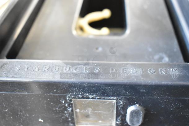 Black bin featuring "STARBUCKS DESIGN" marking; includes 2 items, multipurpose use. Shows some wear, ideal for collectors.