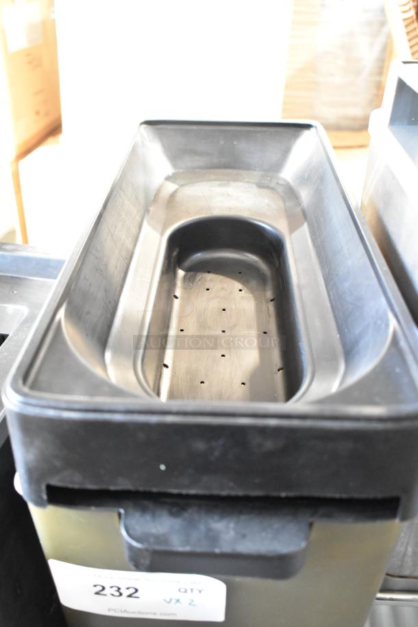 Commercial bin with perforated insert, good condition. Label shows auction info "232 QTY VX 2", doubling bid value.