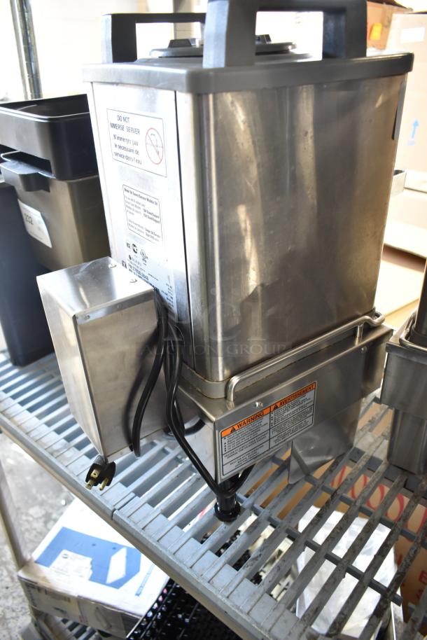 Bunn SH-S Satellite Server on stand, stainless steel, 120V, 1 phase. Visible wiring and warning labels. Excellent condition.