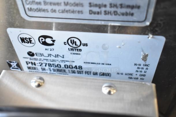 Bunn SH-S Server Satellite Server label, indicating model PN:27850.0048, 1.5G SST FCT GR (SBUX), NSF, UL listed, 120V, 1 phase.