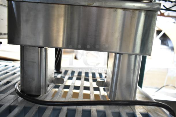 Two Bunn SH-S Satellite Servers on a stand, 120V, 1 Phase, stainless steel finish, showing wiring and base details.