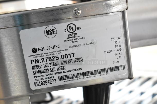 Alt text: Close-up of label on Bunn SH-S Server Satellite Server, model 1SH Stand, 120V, UL and NSF listed, serial RW10264277.
