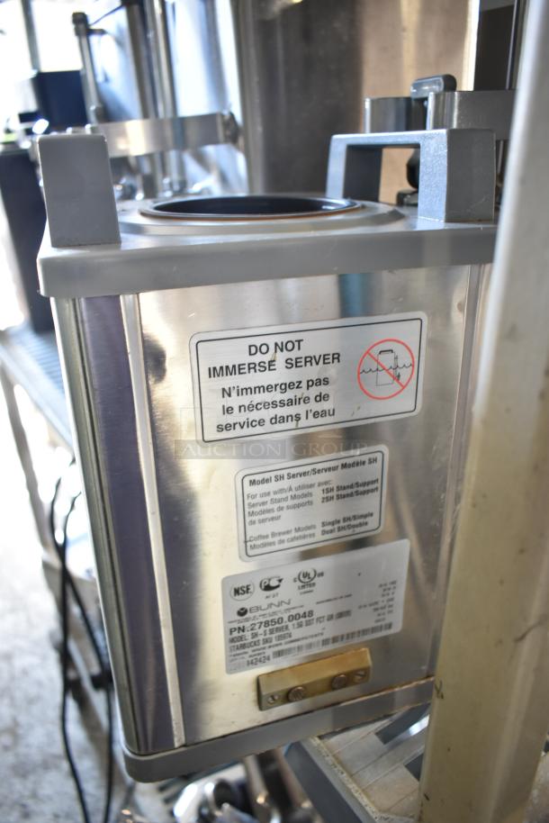 Two Bunn SH-S satellite servers on single stand, 120V, 1-phase. Labels warn "Do Not Immerse Server" and detail model use.