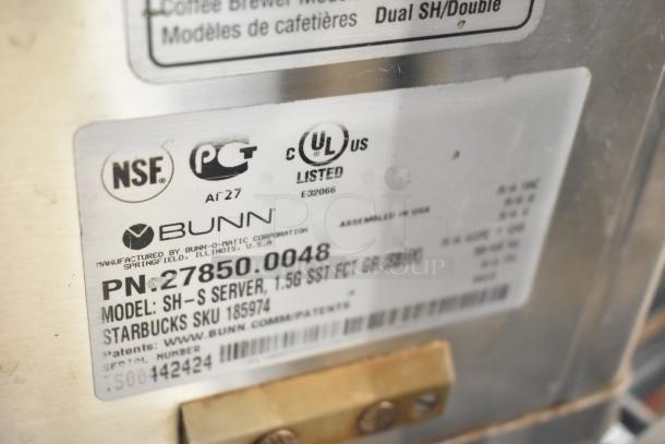 Bunn SH-S Server Satellite with label showing model, certification marks, and specs on a metal surface. Suitable for 120V, 1-phase use.