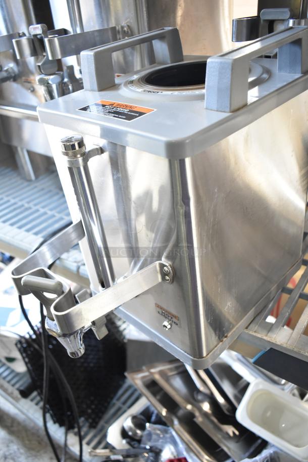 Two Bunn SH-S Satellite Servers on a stand, stainless steel, visible label, 120V, 1 Phase, excellent condition.