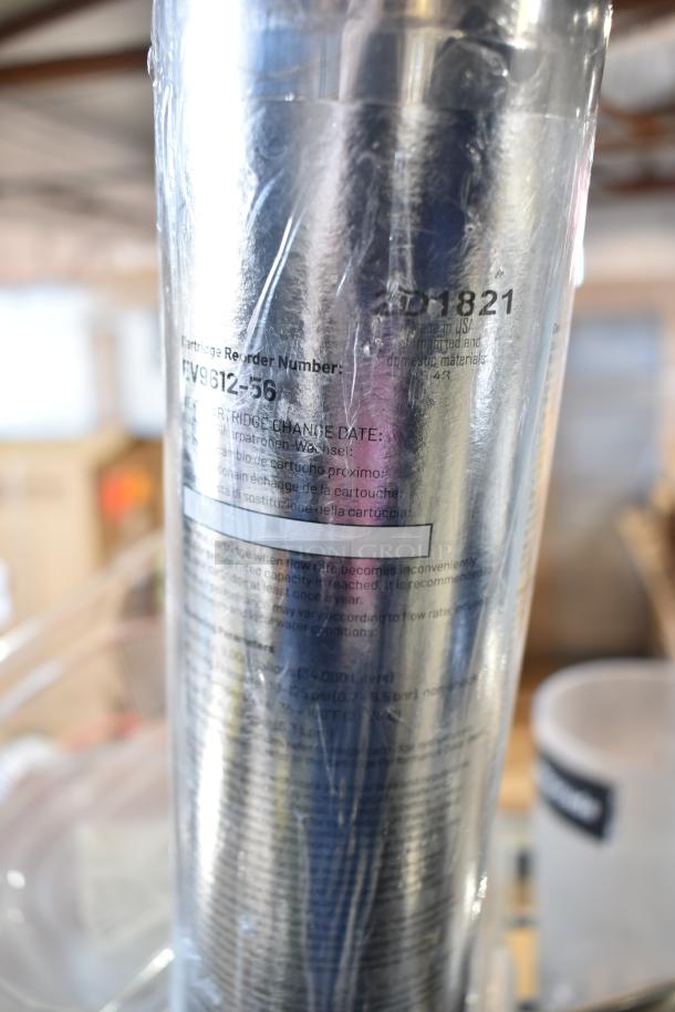 Clear wrapped cylindrical cartridge labeled "Cartridge Reorder Number: FV9612-56." Residual text specifies use and change date.
