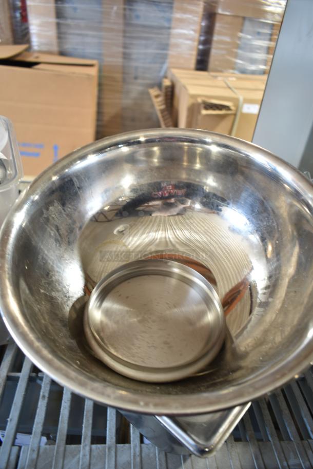 Lot of items including a stainless steel bowl, drop-in bins, and poly bin; used condition with visible wear.