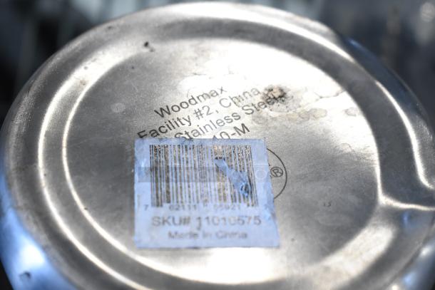 Metal item base with label showing "Woodmax," made in China, stainless steel, SKU# 11010575. Ideal for kitchen use.