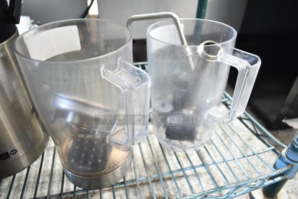 Tier lot with blender pitcher, metal cup, and metal bowls on a shelf. Items show visible wear. Includes NSF label on pitcher.