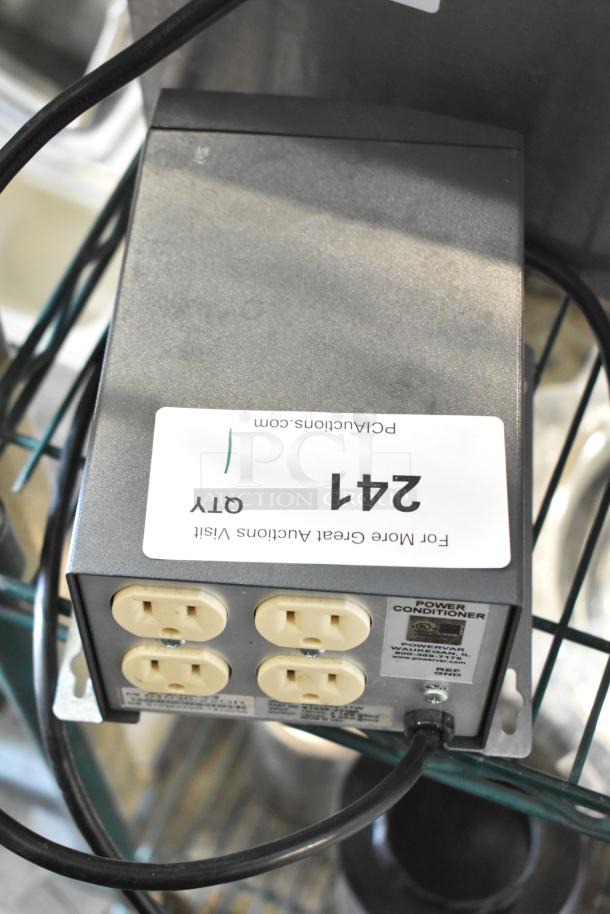 ABC302-11W power conditioner, 120V, 1 phase, features four outlets. Tag states auction item number 241.