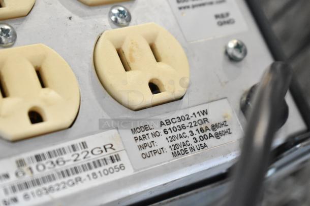 ABC302-11W Power Conditioner, 120V, 1 Phase, Model 61036-22GR, Made in USA. Labels show specs and origin.