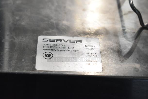 Server SR-2S Countertop Topping Rail with visible label. Model SR-2S, Part #83310-P, NSF certified. Made in USA by Server.