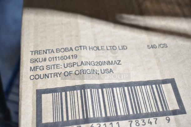 Cardboard box labeled "TRENTA BOBA CTR HOLE LTO LID," SKU# 011160419, Manufactured in USA, 540 per case.