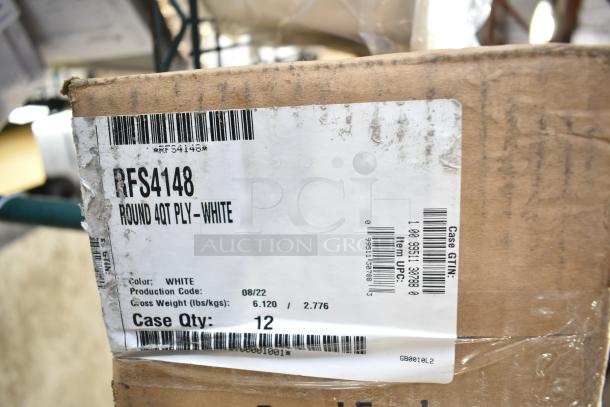 Box label for Cambro RFS4148, 4qt round poly container, white. Production code 08/22, weight 6.12 lbs. Case qty: 12.