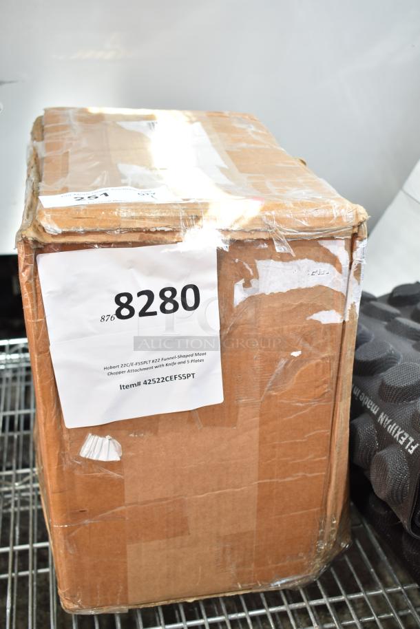Hobart 22C/E-FS5PLT #22 meat chopper attachment, brand new, scratch and dent. Includes knife, 5 plates. Item# 42522CEFS5PT.